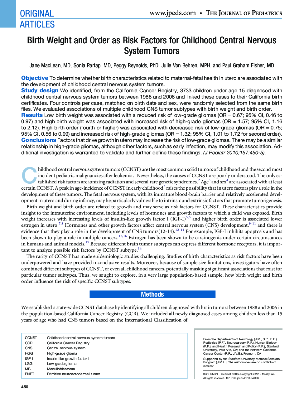 Birth Weight and Order as Risk Factors for Childhood Central Nervous System Tumors