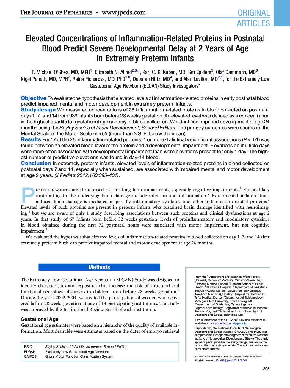 Elevated Concentrations of Inflammation-Related Proteins in Postnatal Blood Predict Severe Developmental Delay at 2 Years of Age in Extremely Preterm Infants