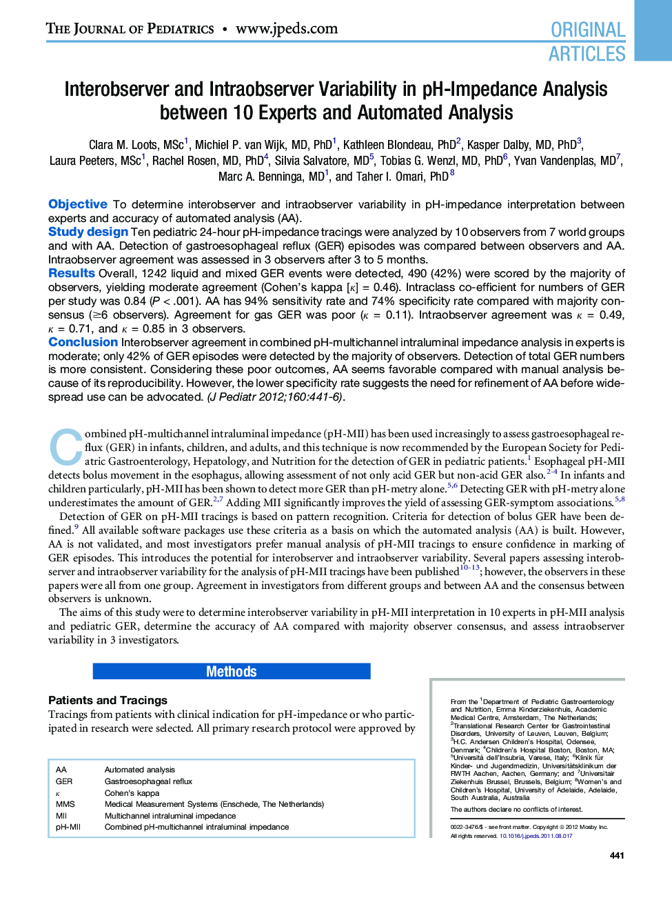 Interobserver and Intraobserver Variability in pH-Impedance Analysis between 10 Experts and Automated Analysis