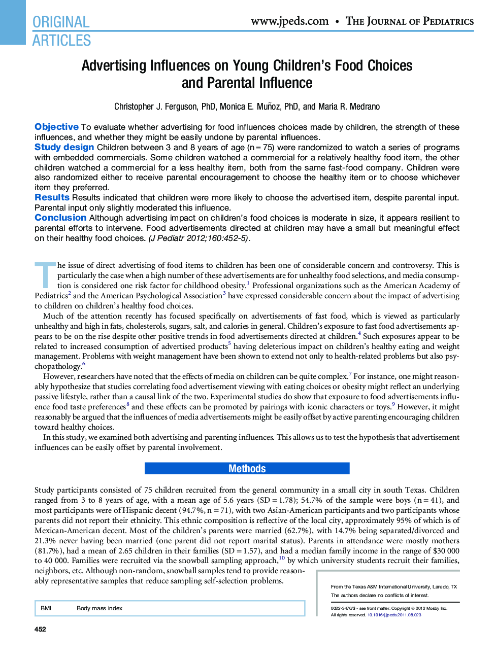 عکس صفحه اول مقاله: Advertising Influences on Young Children's Food Choices and Parental Influence Advertising Influences on Young Children's Food Choices and Parental Influence