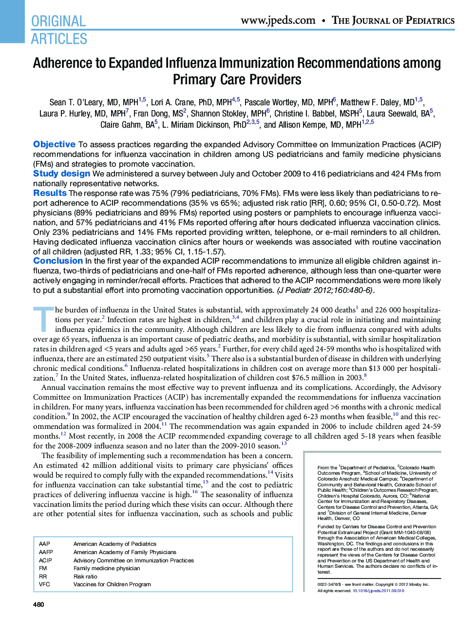 Adherence to Expanded Influenza Immunization Recommendations among Primary Care Providers