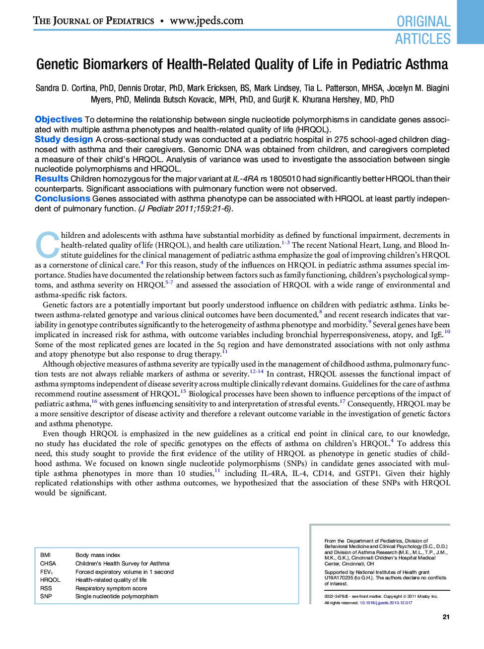 عکس صفحه اول مقاله: Genetic Biomarkers of Health-Related Quality of Life in Pediatric Asthma Genetic Biomarkers of Health-Related Quality of Life in Pediatric Asthma