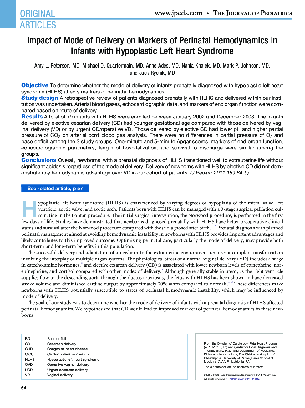 Impact of Mode of Delivery on Markers of Perinatal Hemodynamics in Infants with Hypoplastic Left Heart Syndrome