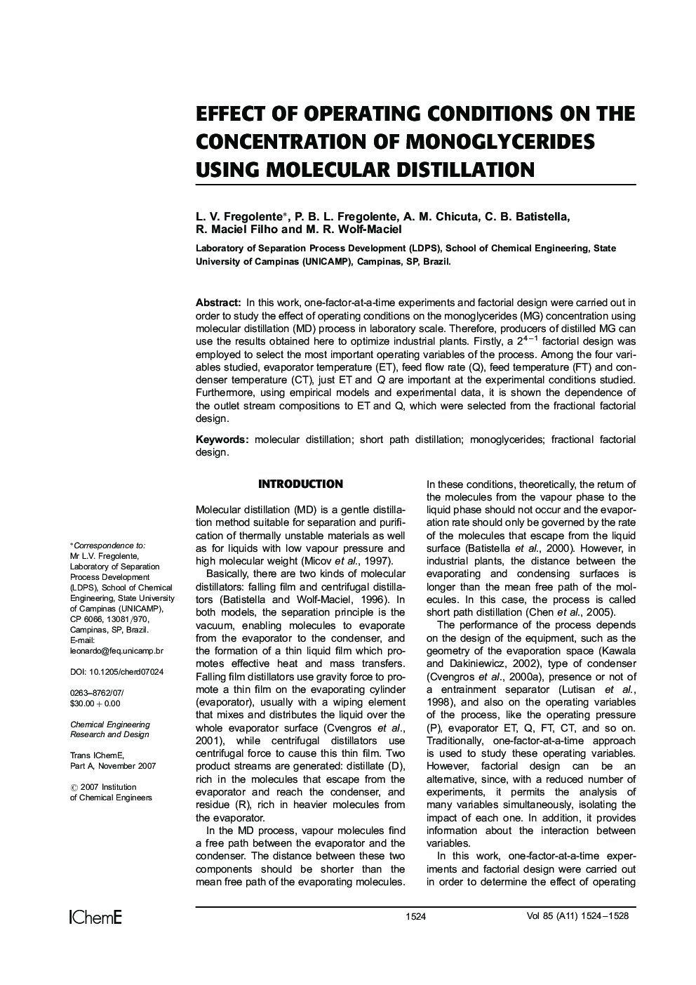 Effect of Operating Conditions on the Concentration of Monoglycerides Using Molecular Distillation