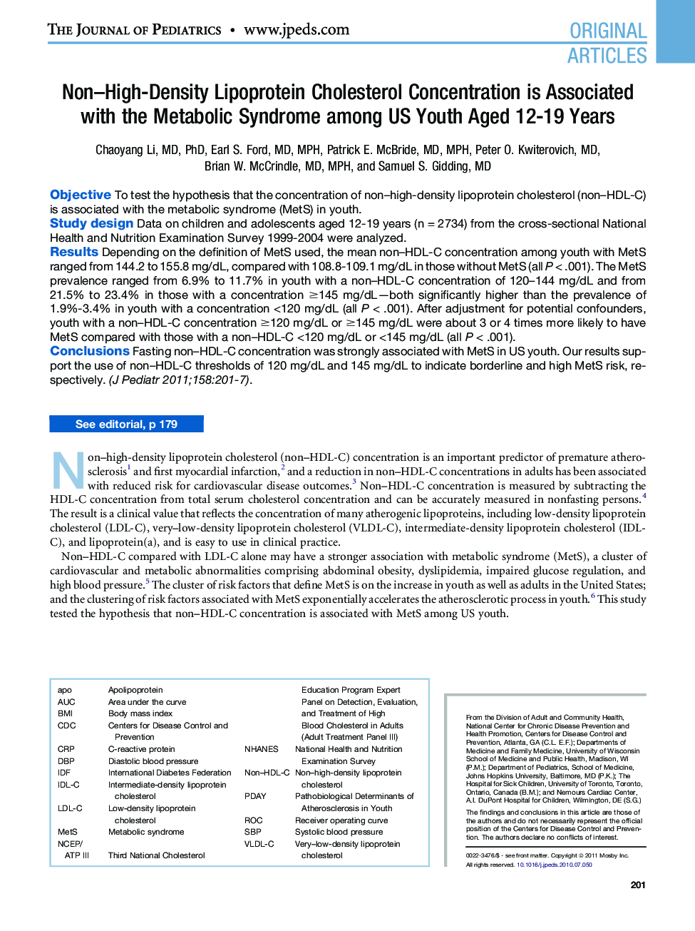 Non-High-Density Lipoprotein Cholesterol Concentration is Associated with the Metabolic Syndrome among US Youth Aged 12-19 Years