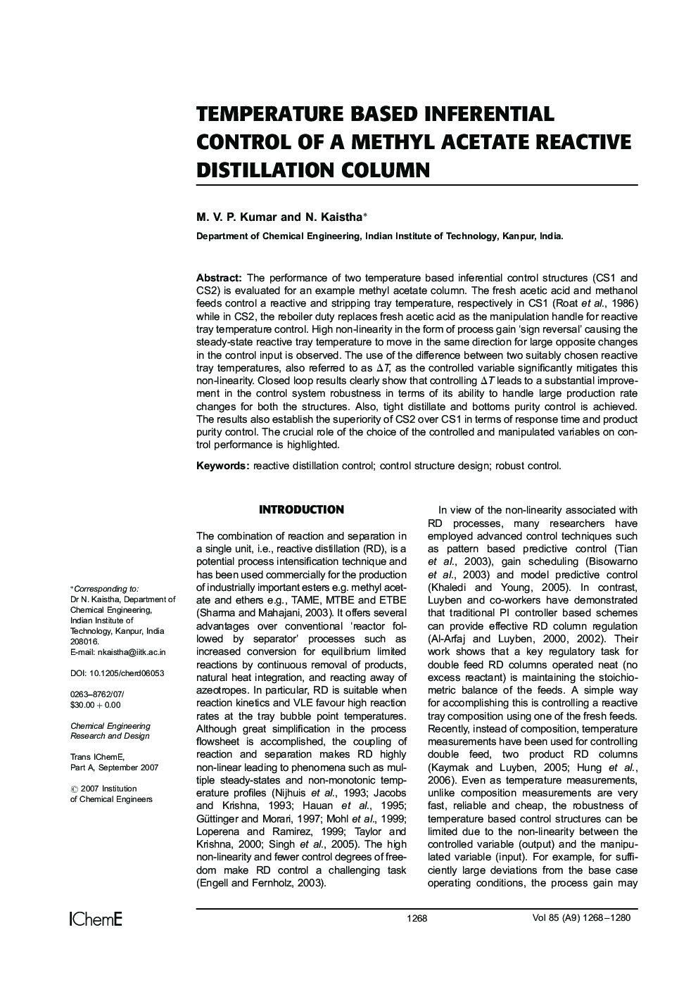 Temperature Based Inferential Control of a Methyl Acetate Reactive Distillation Column