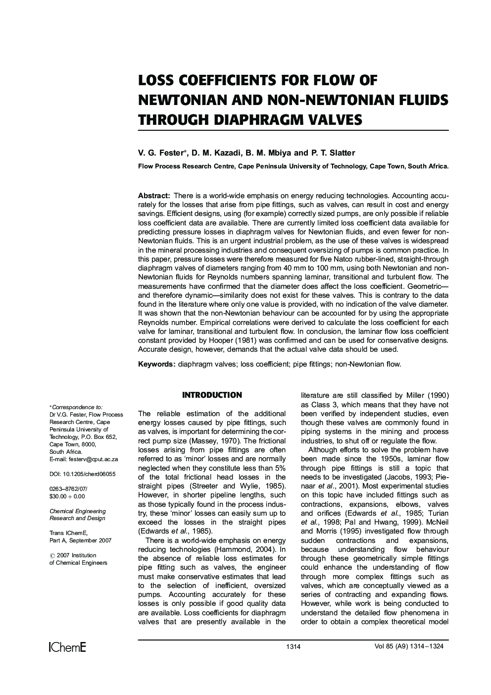 Loss Coefficients for Flow of Newtonian and Non-Newtonian Fluids Through Diaphragm Valves