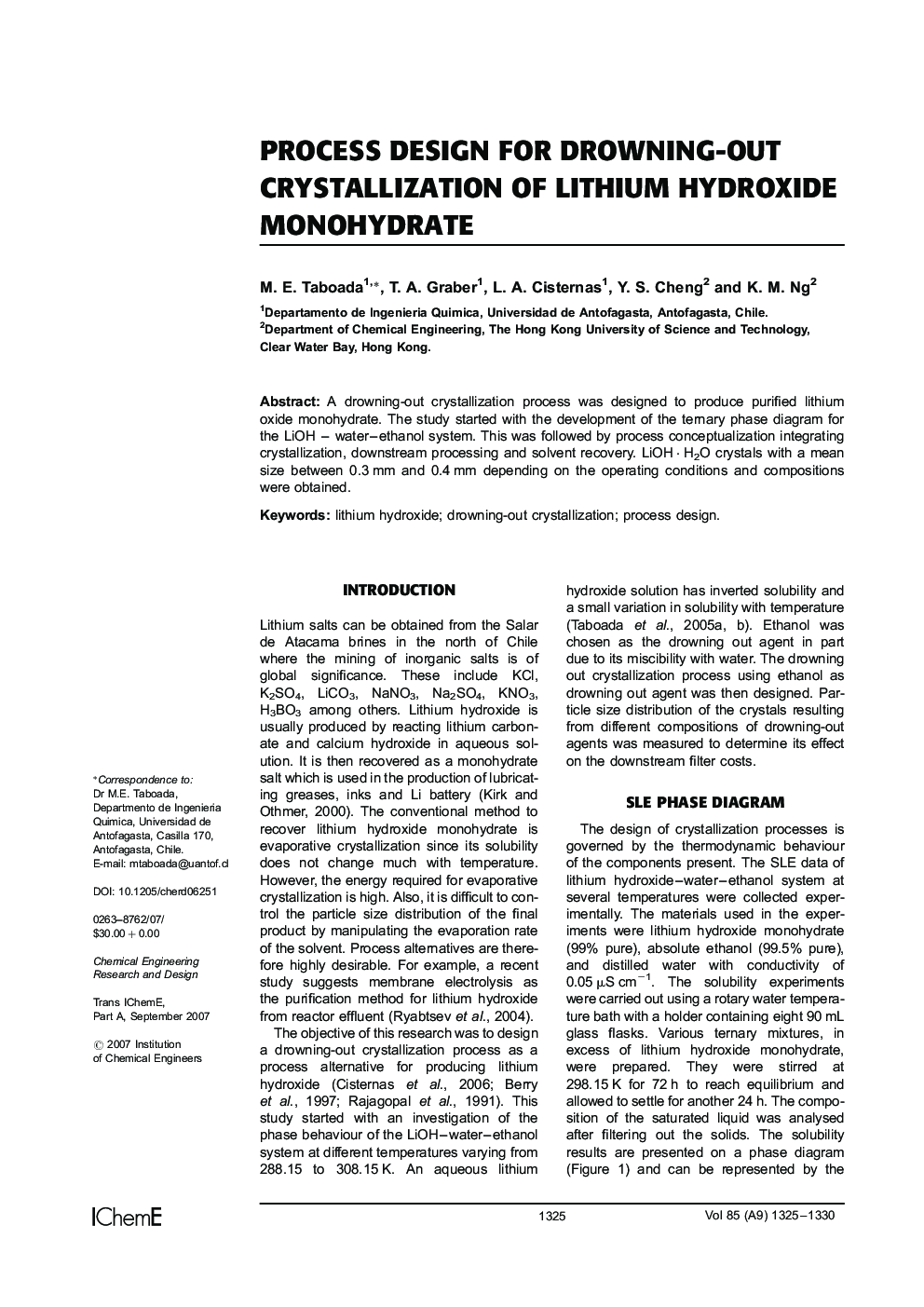 Process Design for Drowning-Out Crystallization of Lithium Hydroxide Monohydrate