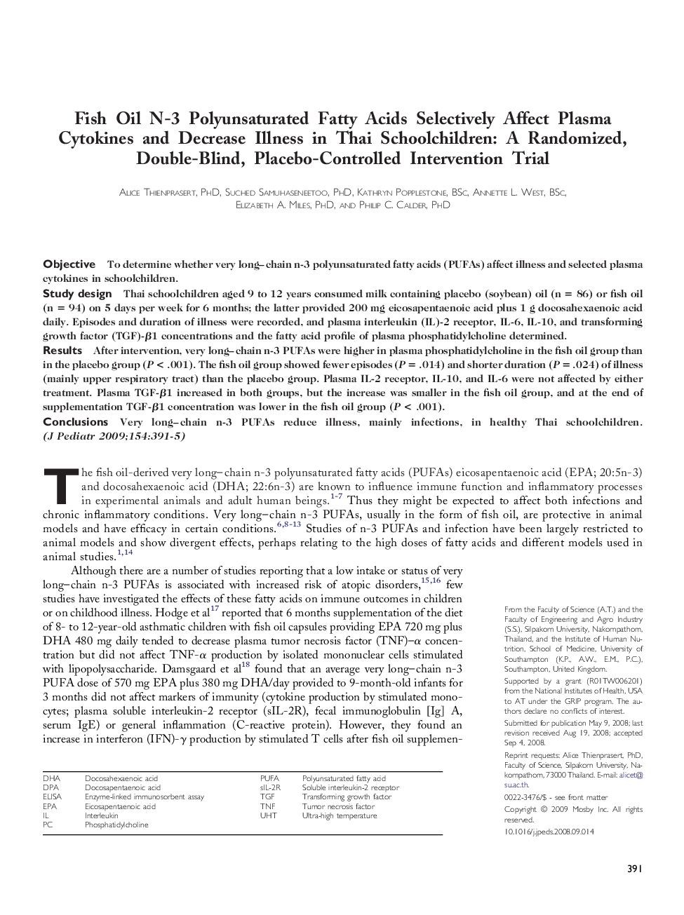 Fish Oil N-3 Polyunsaturated Fatty Acids Selectively Affect Plasma Cytokines and Decrease Illness in Thai Schoolchildren: A Randomized, Double-Blind, Placebo-Controlled Intervention Trial