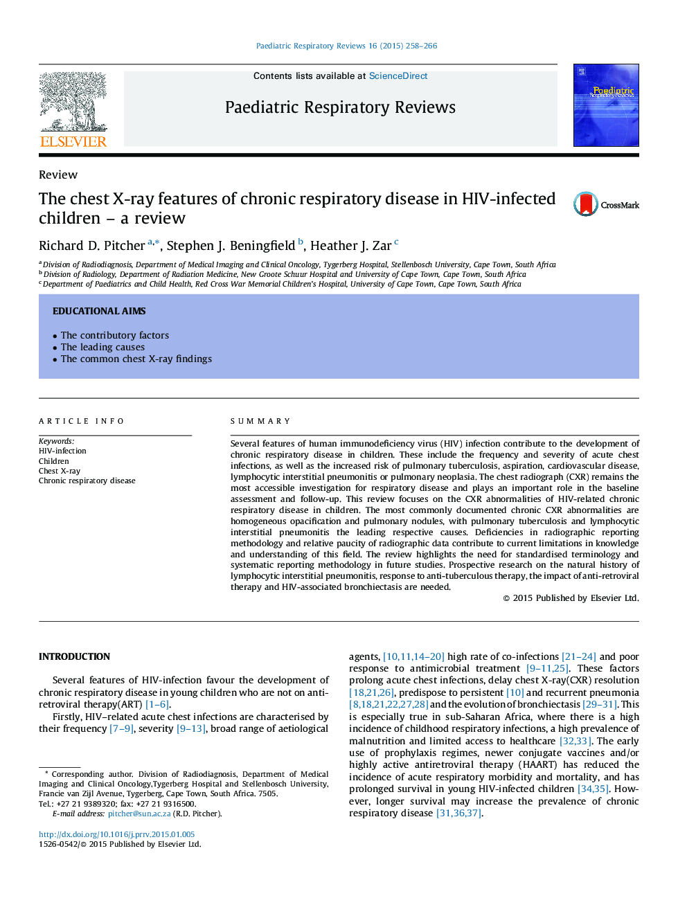 The chest X-ray features of chronic respiratory disease in HIV-infected children - a review