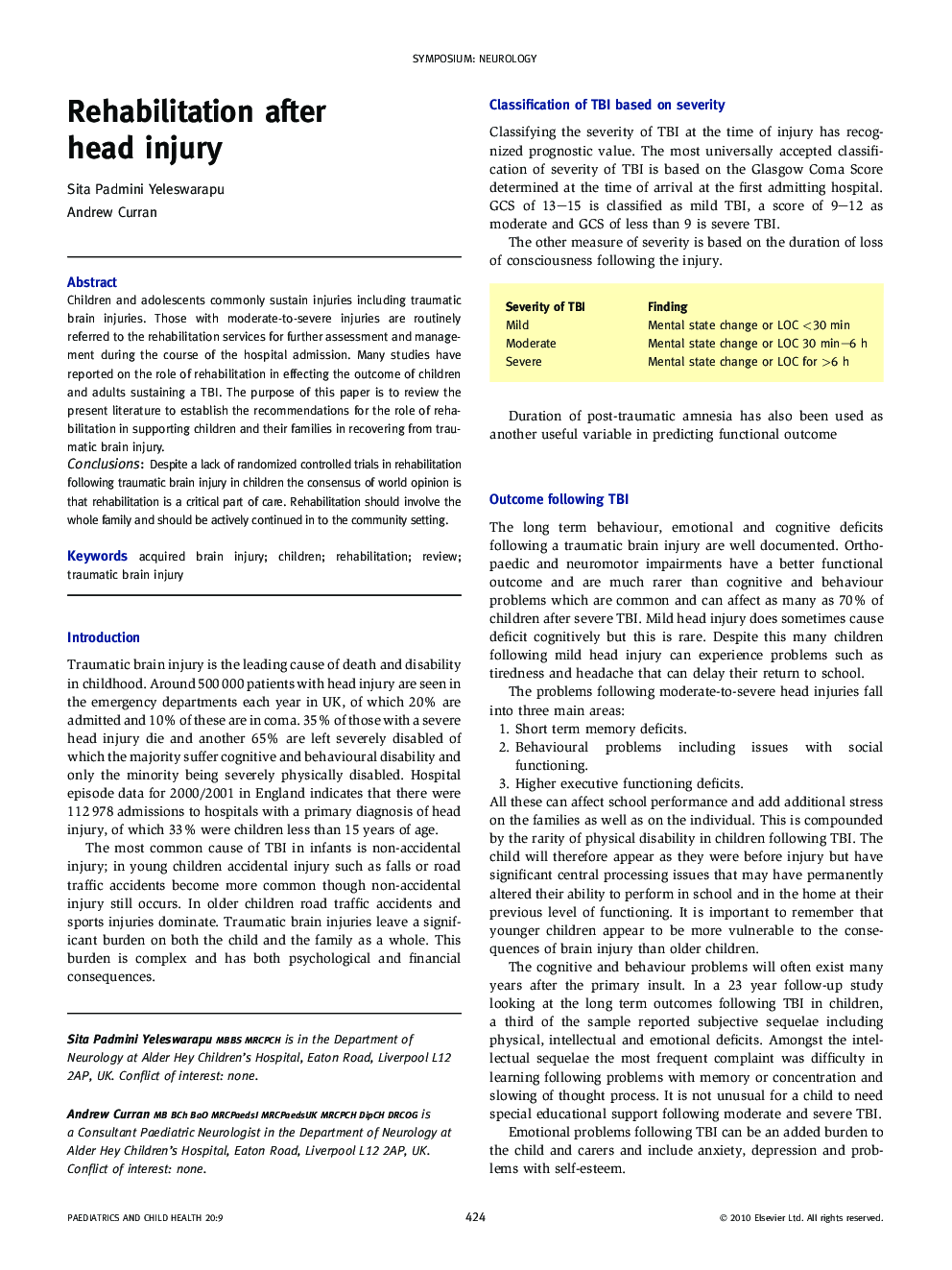 Rehabilitation after head injury