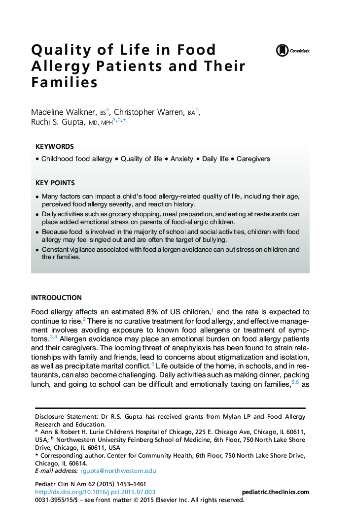 Quality of Life in Food Allergy Patients and Their Families