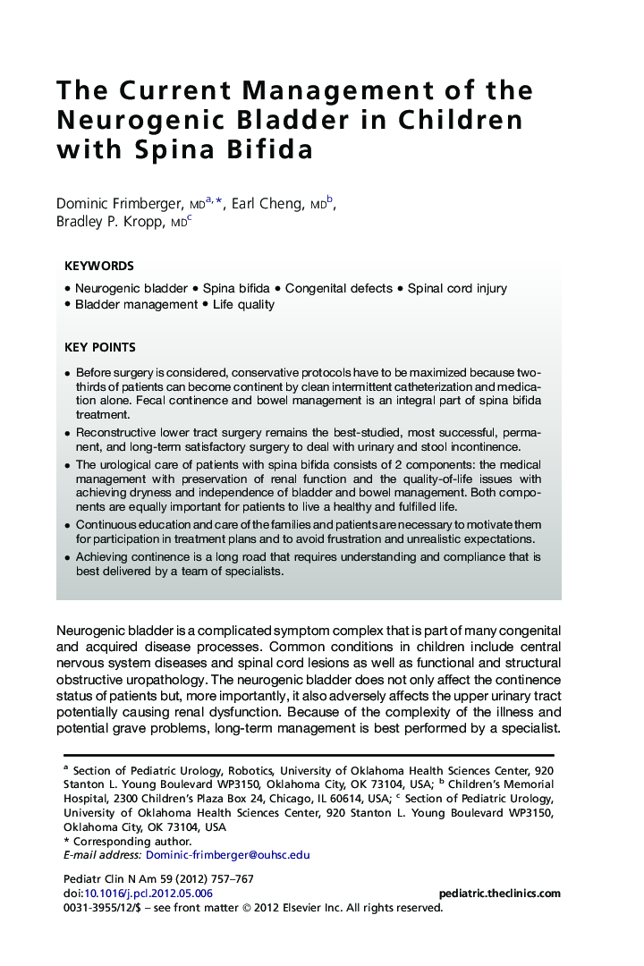 The Current Management of the Neurogenic Bladder in Children with Spina Bifida