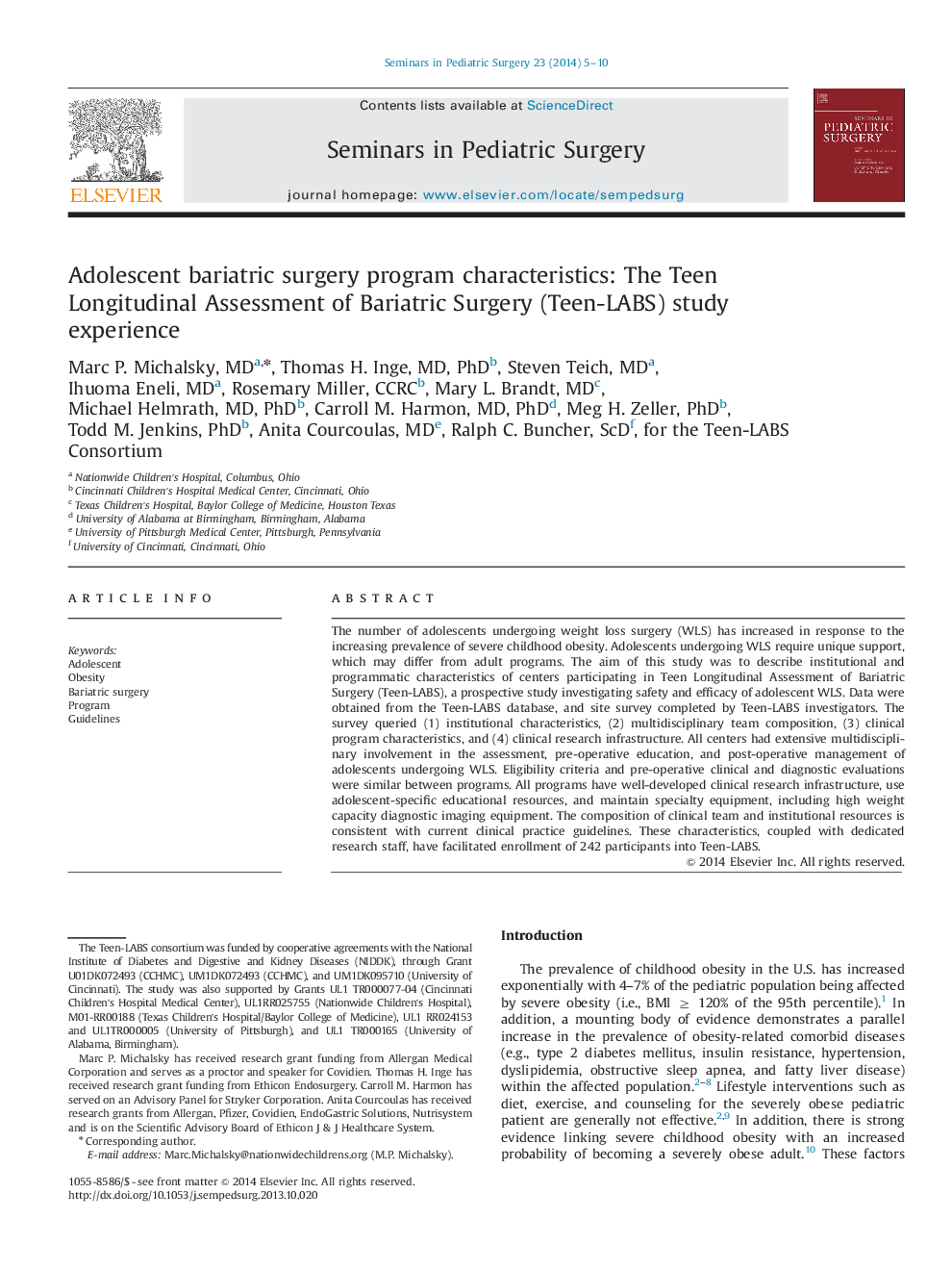 Adolescent bariatric surgery program characteristics: The Teen Longitudinal Assessment of Bariatric Surgery (Teen-LABS) study experience