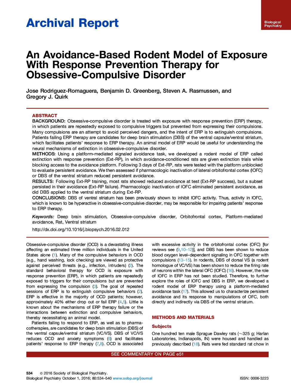 Archival ReportAn Avoidance-Based Rodent Model of Exposure With Response Prevention Therapy for Obsessive-Compulsive Disorder