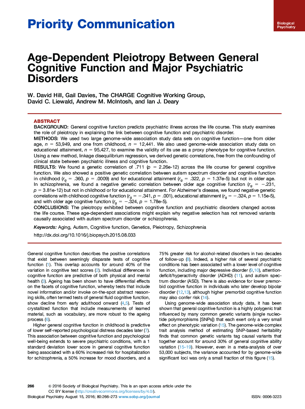 Age-Dependent Pleiotropy Between General Cognitive Function and Major Psychiatric Disorders