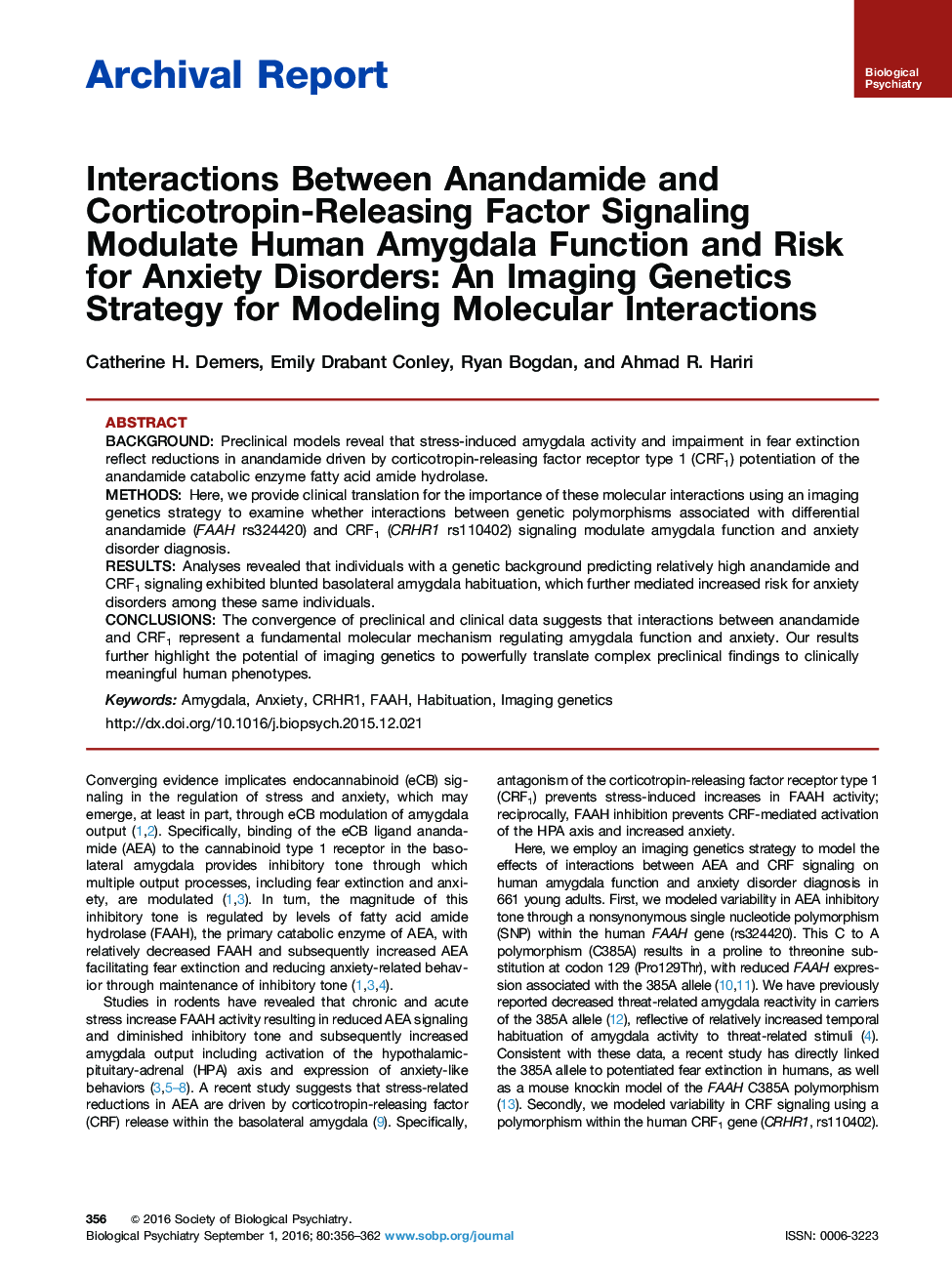 تعاملات بین آناندامید و کورتیکوتروپین-انتشار فاکتورهای سیگنالینگ، تابع رفتار انسانی و خطر اختلالات اضطرابی: یک استراتژی ژنتیک تصویربرداری برای مدل سازی واکنش های مولکولی 