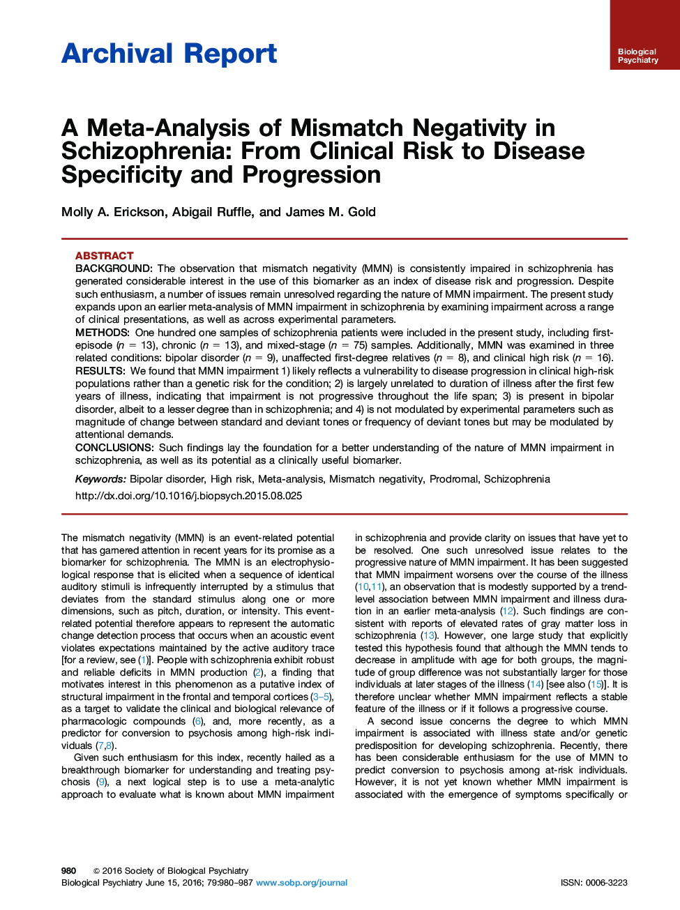 A Meta-Analysis of Mismatch Negativity in Schizophrenia: From Clinical Risk to Disease Specificity and Progression