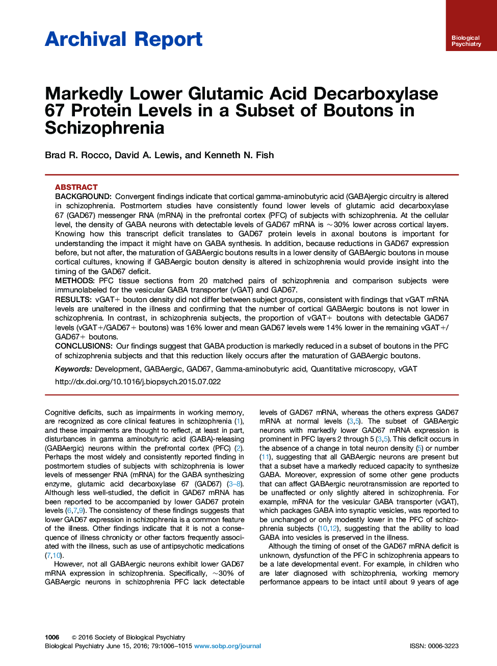 Markedly Lower Glutamic Acid Decarboxylase 67 Protein Levels in a Subset of Boutons in Schizophrenia