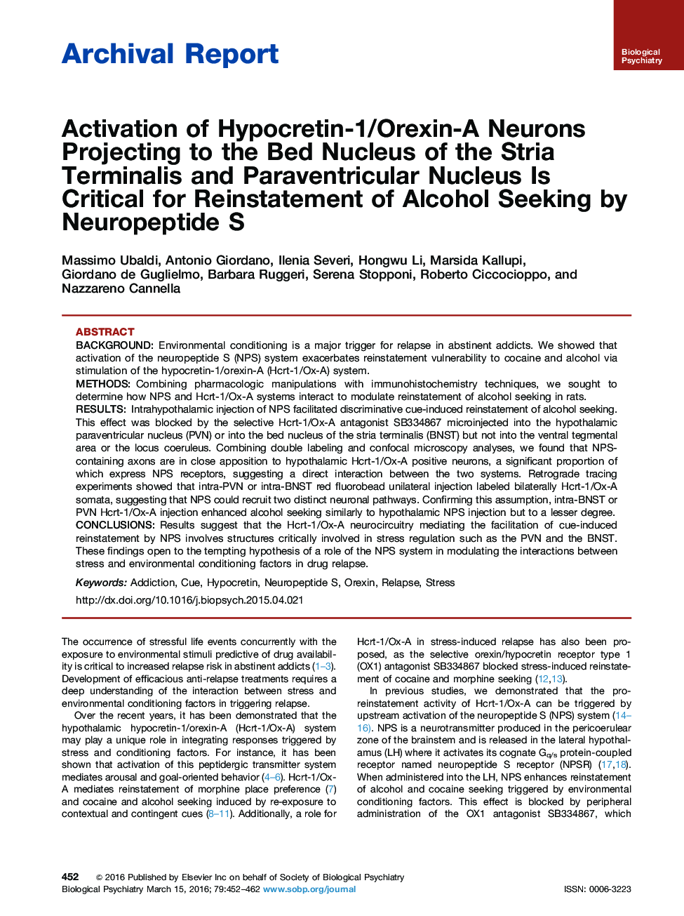 Activation of Hypocretin-1/Orexin-A Neurons Projecting to the Bed Nucleus of the Stria Terminalis and Paraventricular Nucleus Is Critical for Reinstatement of Alcohol Seeking by Neuropeptide S