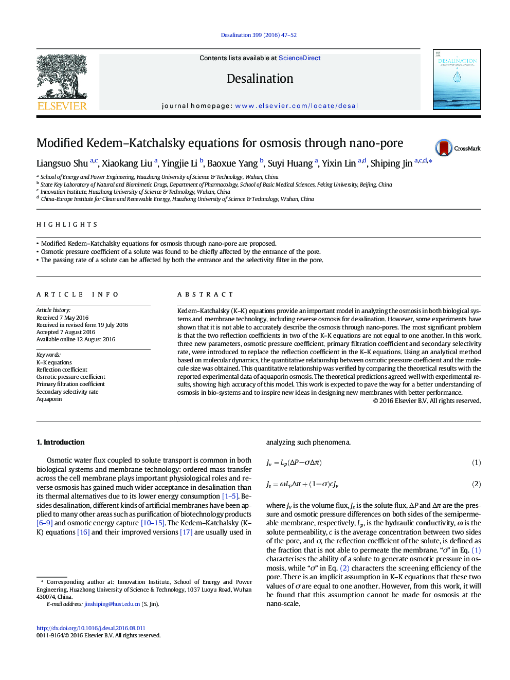 Modified Kedem-Katchalsky equations for osmosis through nano-pore