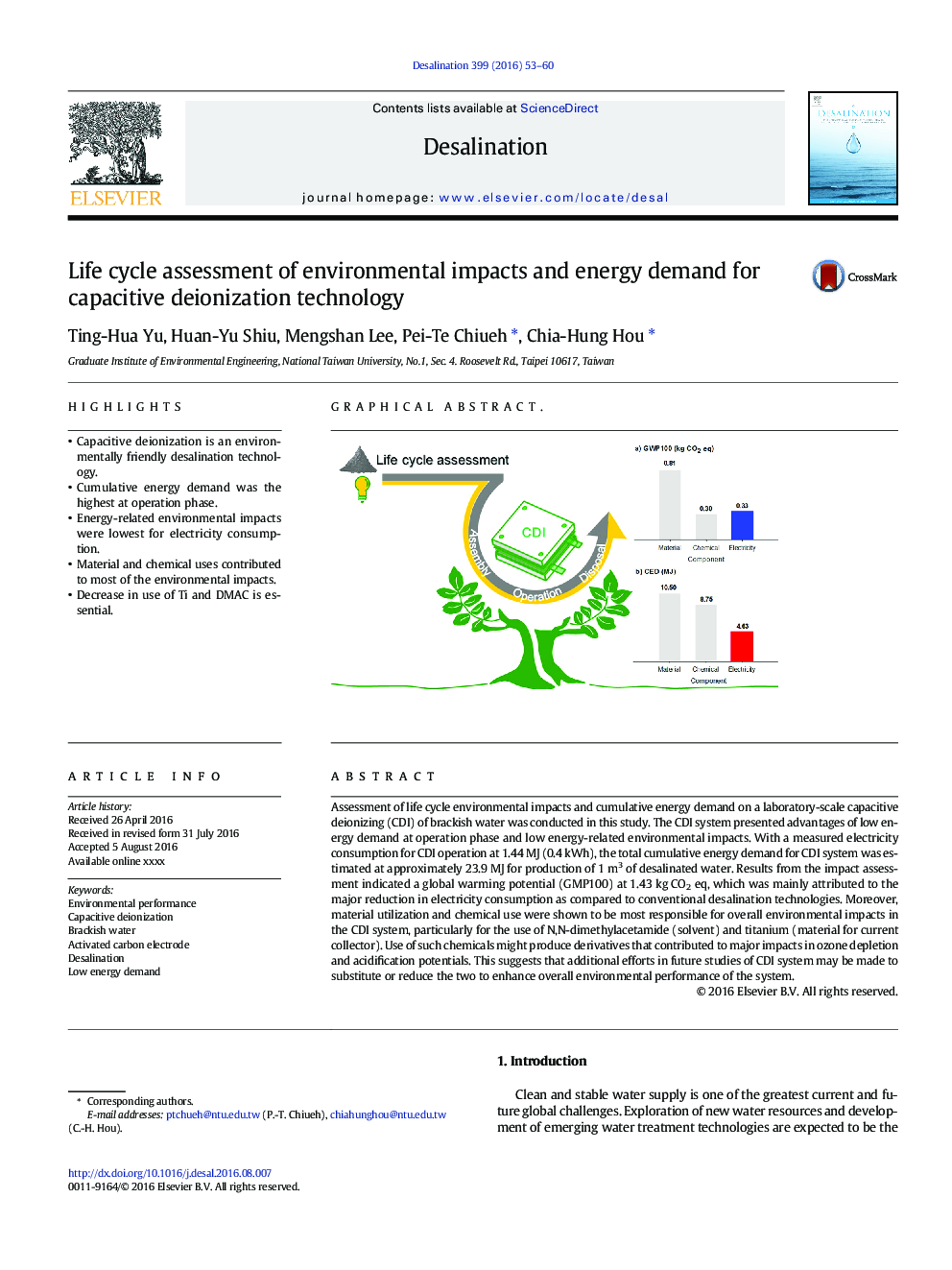 Life cycle assessment of environmental impacts and energy demand for capacitive deionization technology