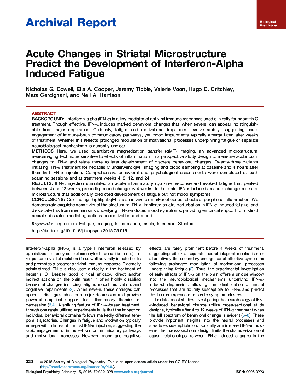 Acute Changes in Striatal Microstructure Predict the Development of Interferon-Alpha Induced Fatigue