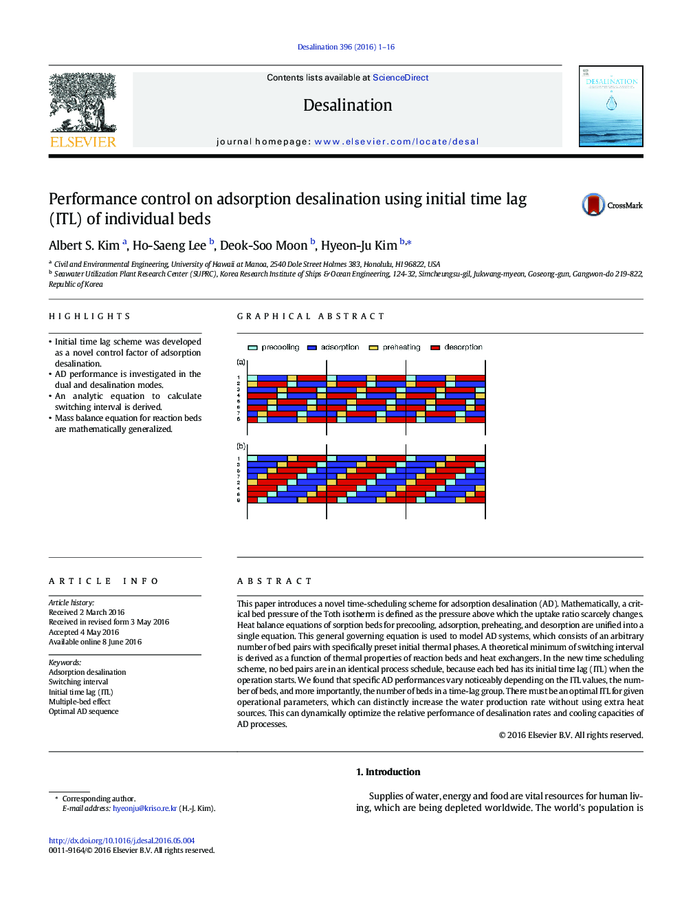 Performance control on adsorption desalination using initial time lag (ITL) of individual beds