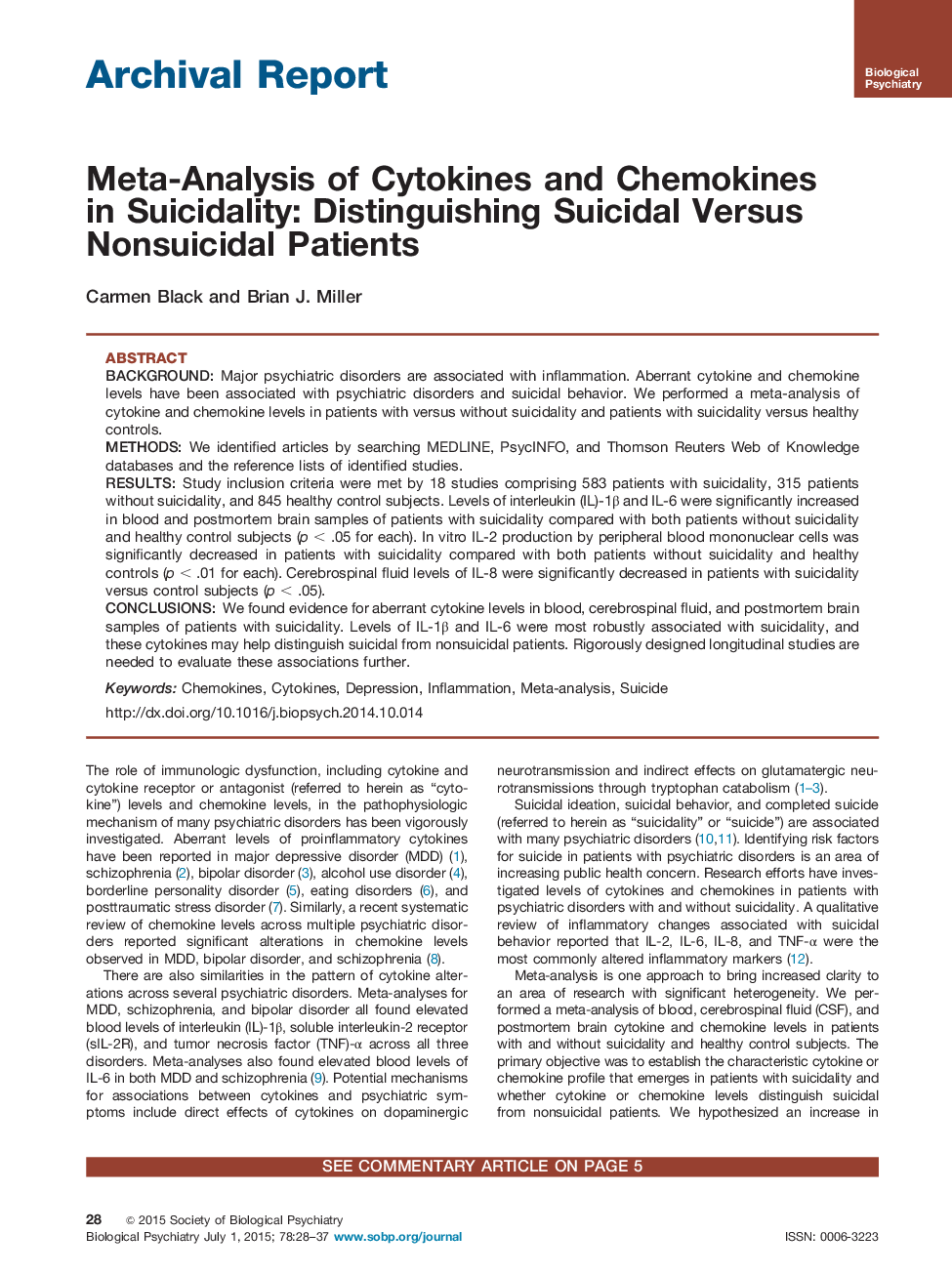 Meta-Analysis of Cytokines and Chemokines in Suicidality: Distinguishing Suicidal Versus Nonsuicidal Patients