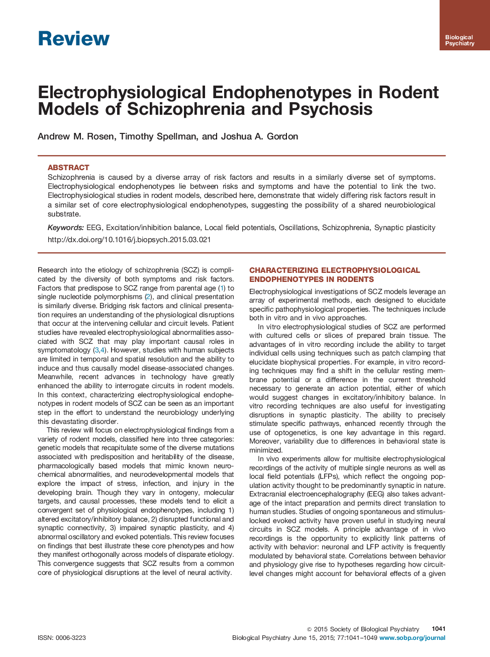 Electrophysiological Endophenotypes in Rodent Models of Schizophrenia and Psychosis