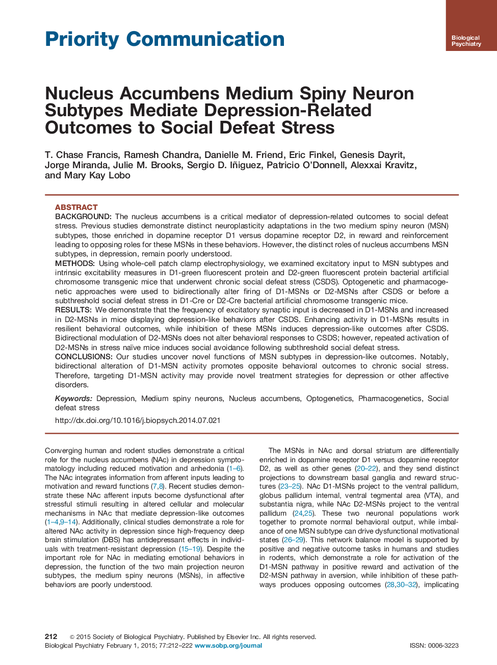 Nucleus Accumbens Medium Spiny Neuron Subtypes Mediate Depression-Related Outcomes to Social Defeat Stress