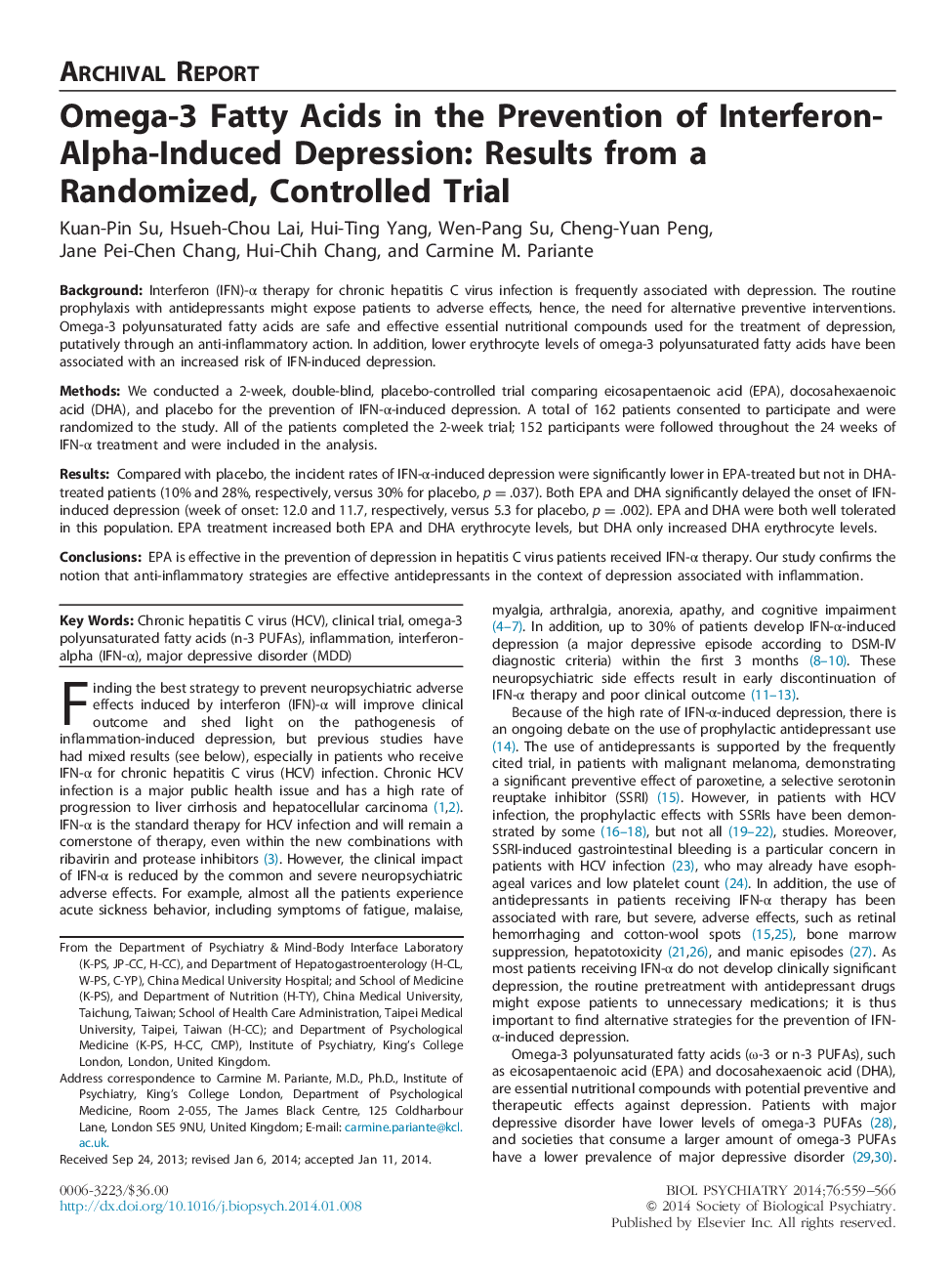 Omega-3 Fatty Acids in the Prevention of Interferon-Alpha-Induced Depression: Results from a Randomized, Controlled Trial