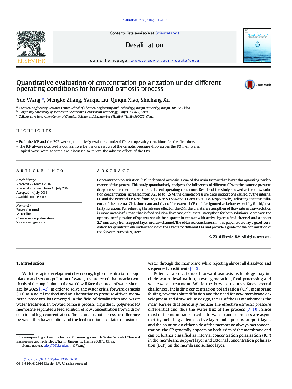 Quantitative evaluation of concentration polarization under different operating conditions for forward osmosis process