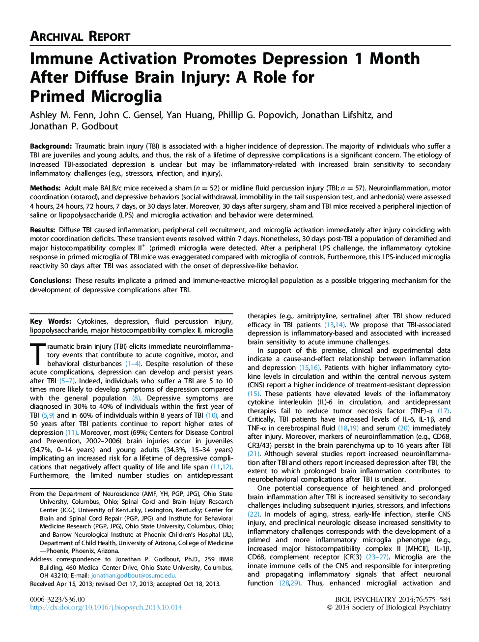 Immune Activation Promotes Depression 1 Month After Diffuse Brain Injury: A Role for Primed Microglia