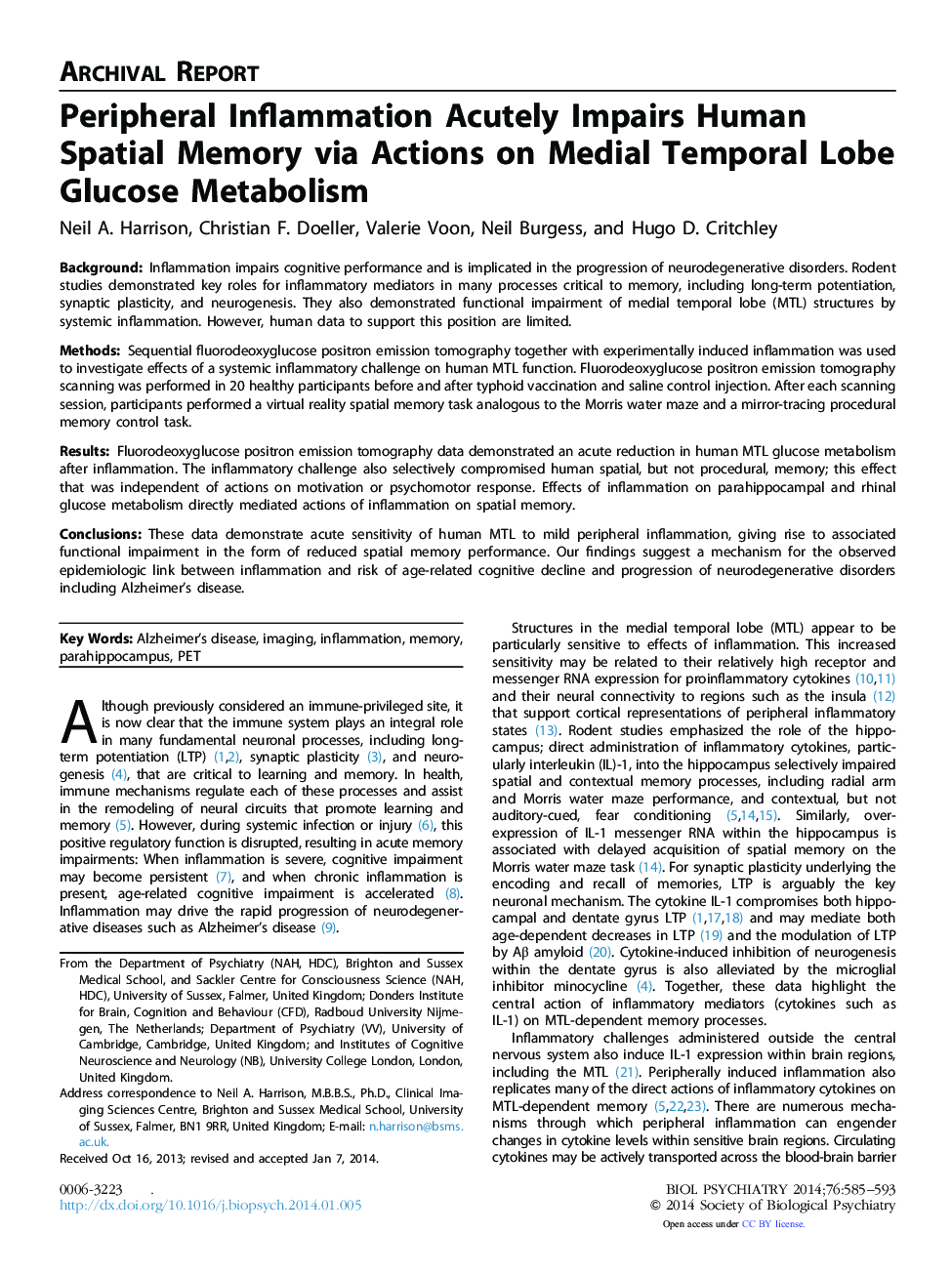 Peripheral Inflammation Acutely Impairs Human Spatial Memory via Actions on Medial Temporal Lobe Glucose Metabolism