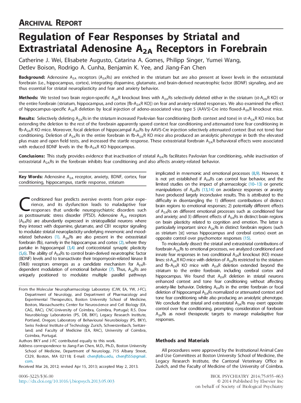 Regulation of Fear Responses by Striatal and Extrastriatal Adenosine A2A Receptors in Forebrain