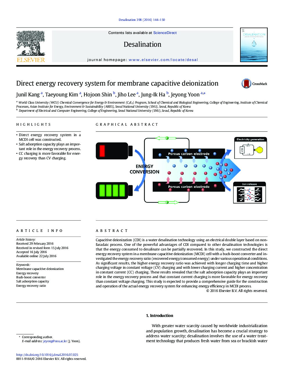 Direct energy recovery system for membrane capacitive deionization