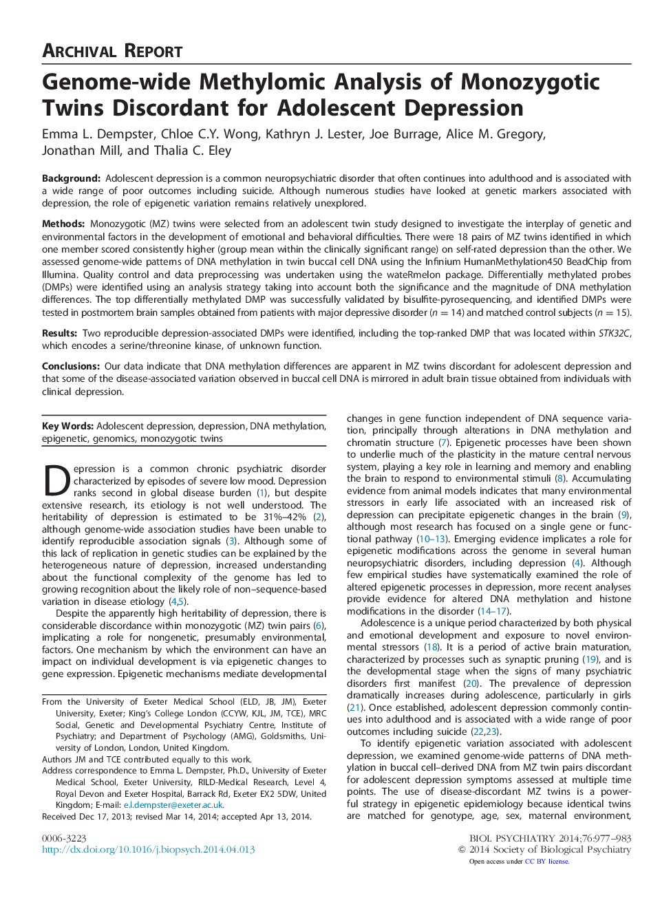 Genome-wide Methylomic Analysis of Monozygotic Twins Discordant for Adolescent Depression