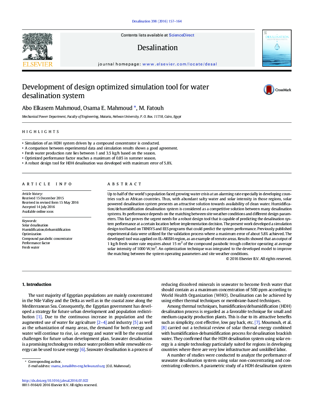 Development of design optimized simulation tool for water desalination system