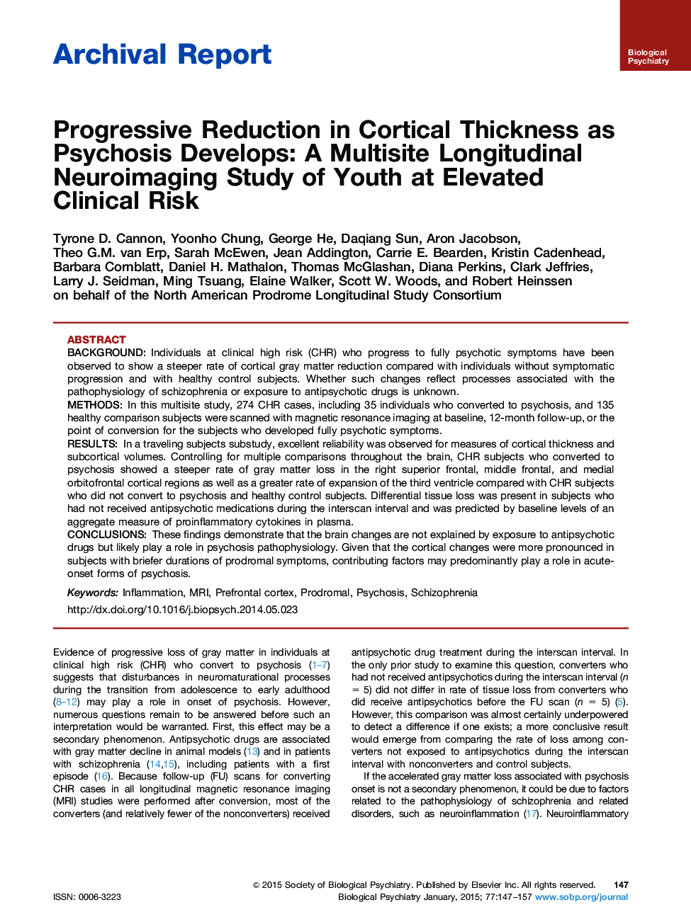 Progressive Reduction in Cortical Thickness as Psychosis Develops: A Multisite Longitudinal Neuroimaging Study of Youth at Elevated Clinical Risk