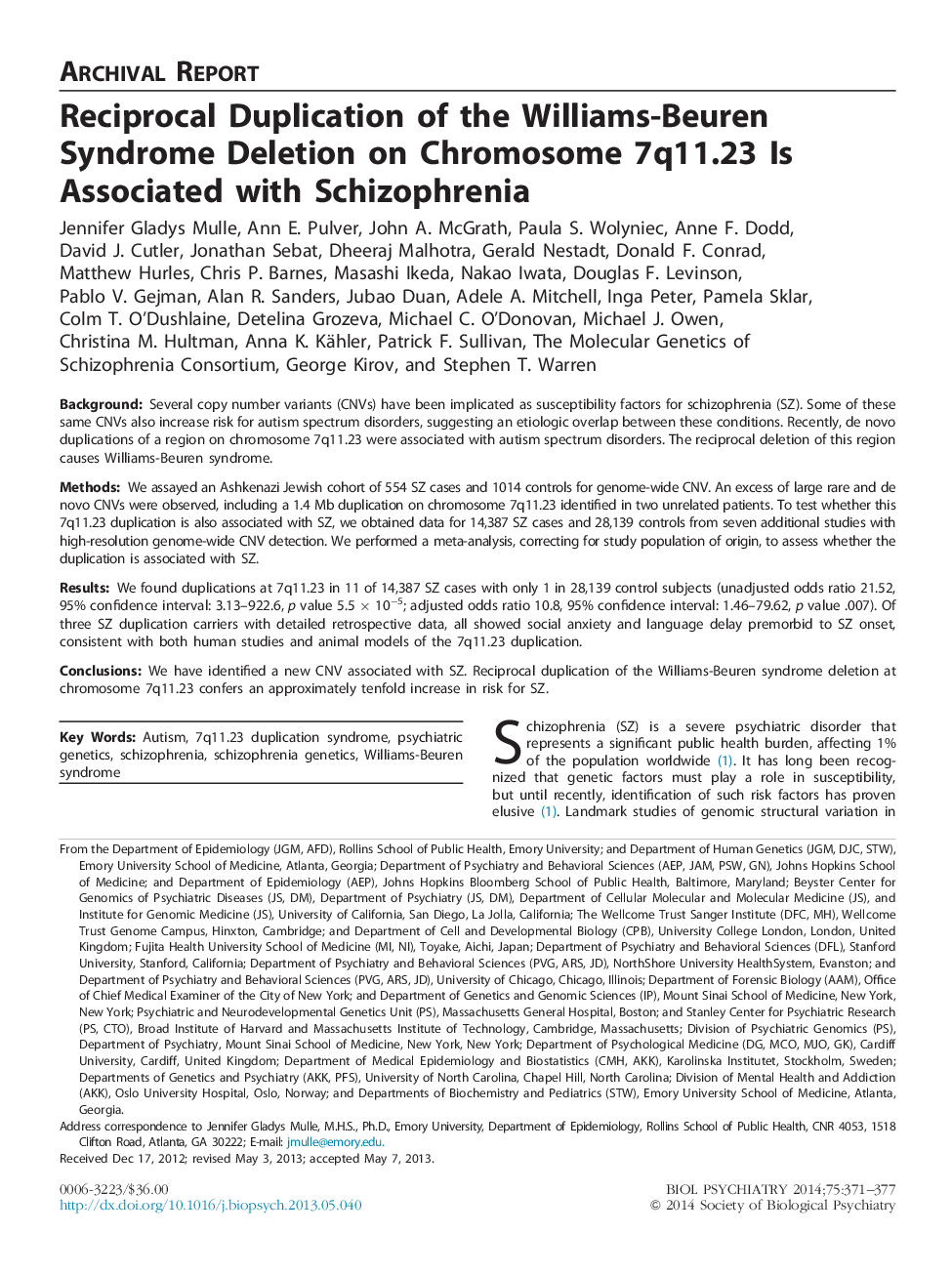 Reciprocal Duplication of the Williams-Beuren Syndrome Deletion on Chromosome 7q11.23 Is Associated with Schizophrenia