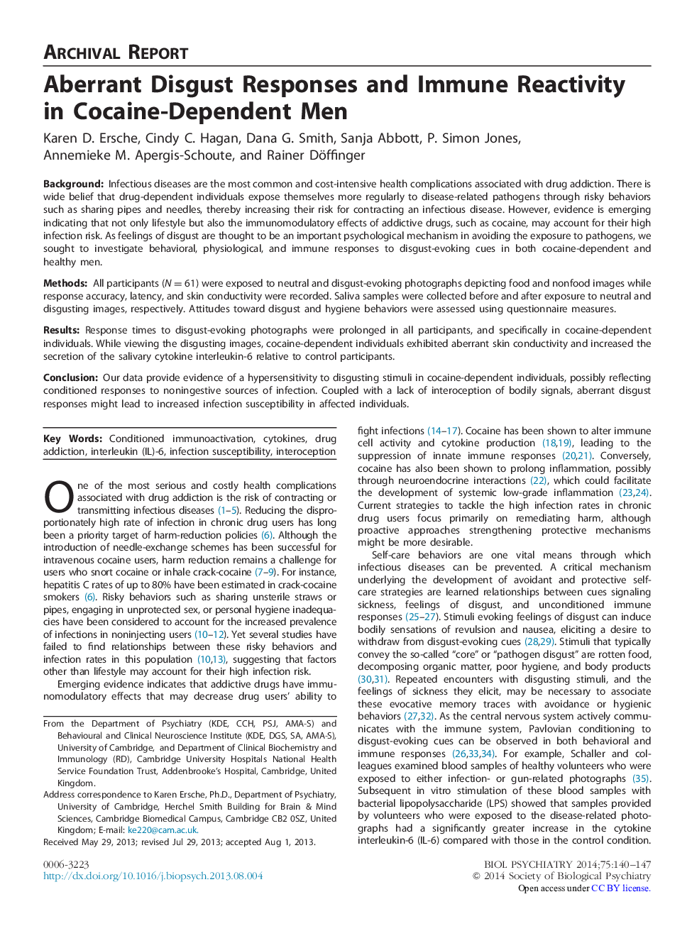 Aberrant Disgust Responses and Immune Reactivity in Cocaine-Dependent Men