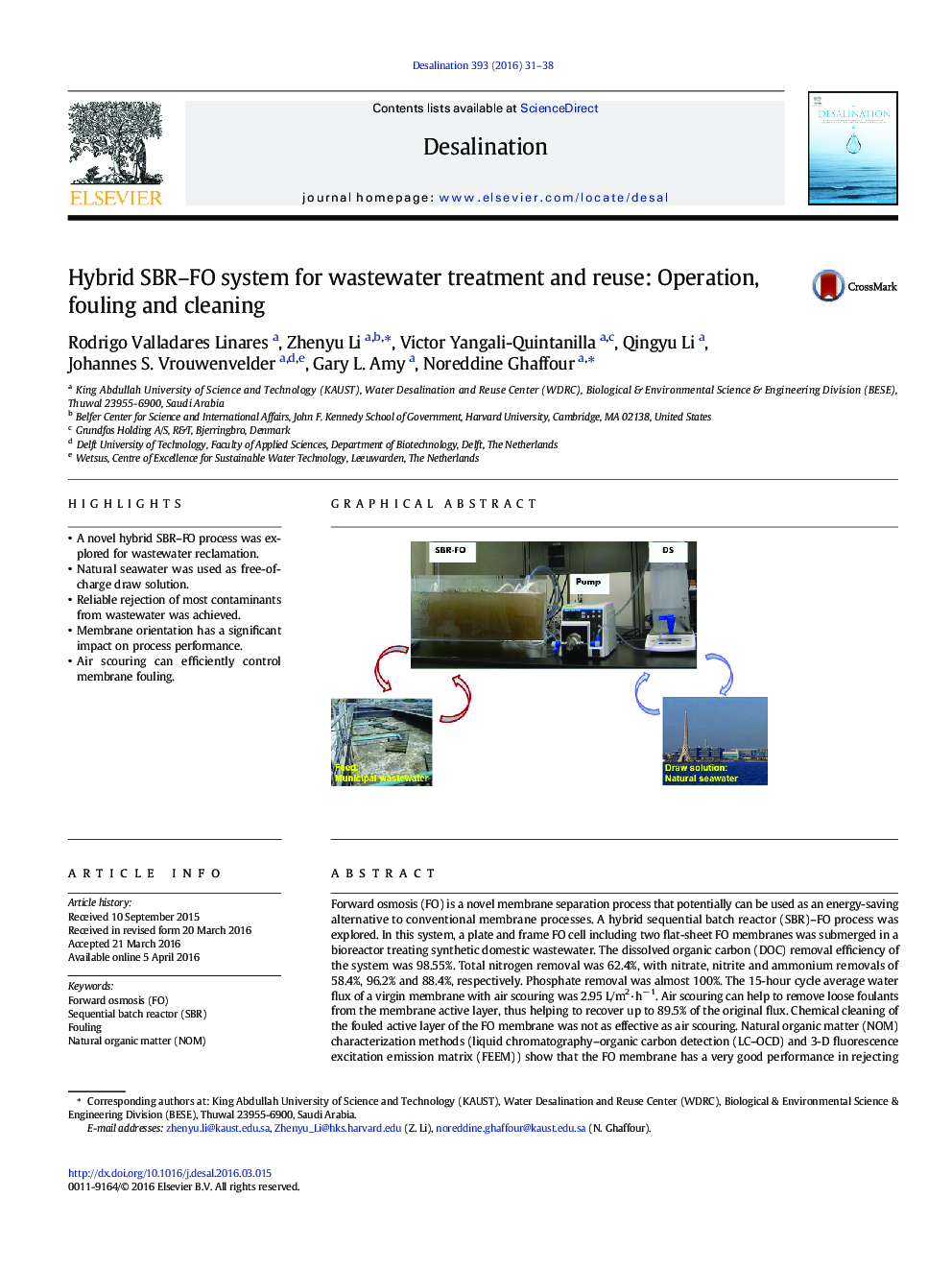 Hybrid SBR–FO system for wastewater treatment and reuse: Operation, fouling and cleaning