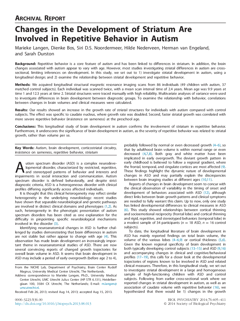 Changes in the Development of Striatum Are Involved in Repetitive Behavior in Autism