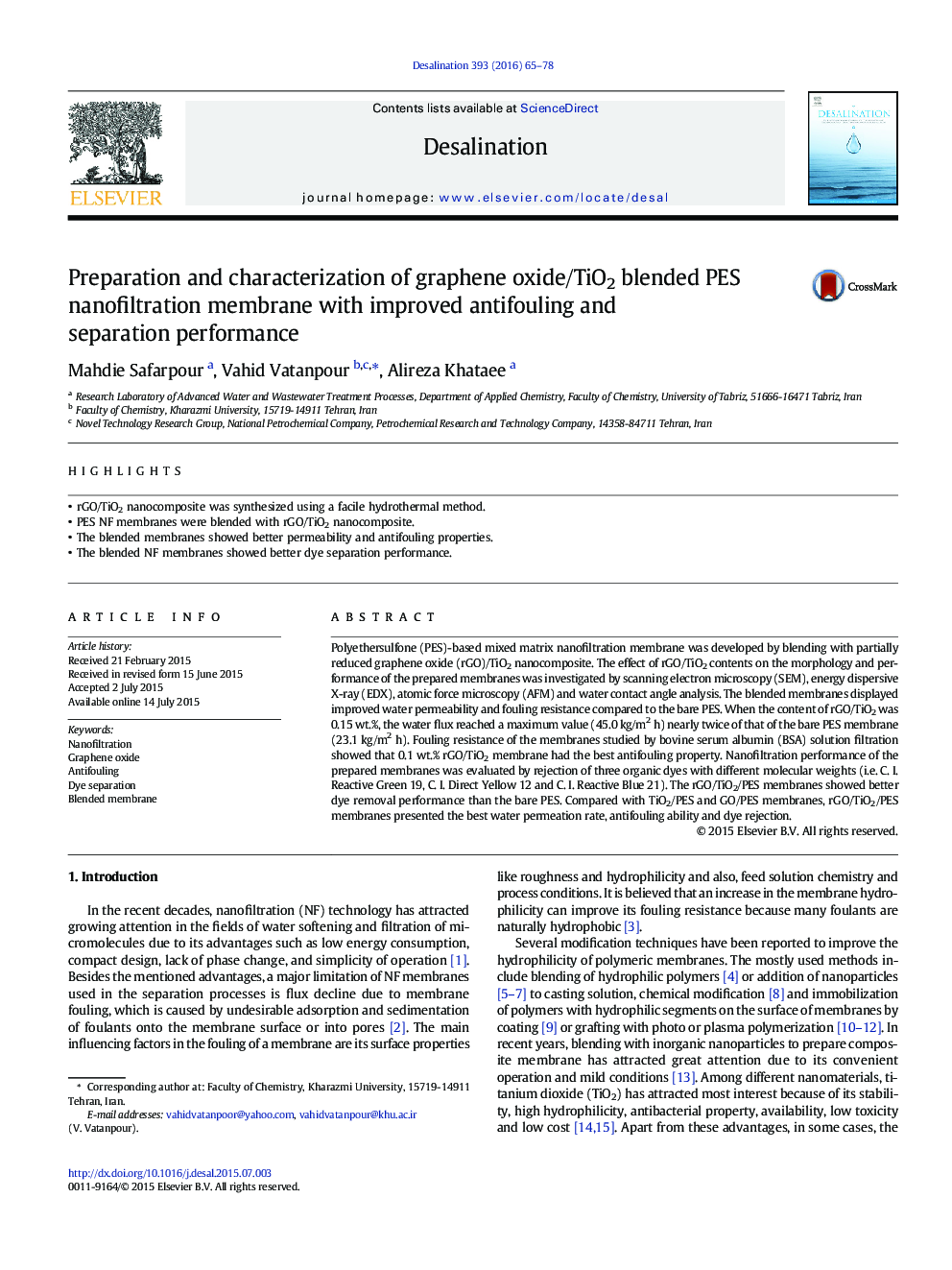 Preparation and characterization of graphene oxide/TiO2 blended PES nanofiltration membrane with improved antifouling and separation performance