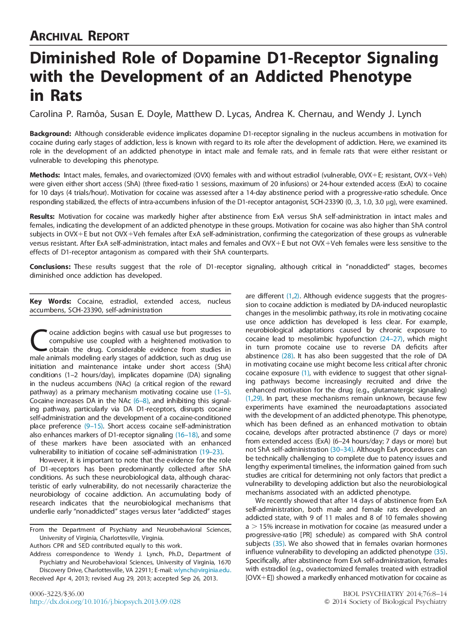 Diminished Role of Dopamine D1-Receptor Signaling with the Development of an Addicted Phenotype in Rats