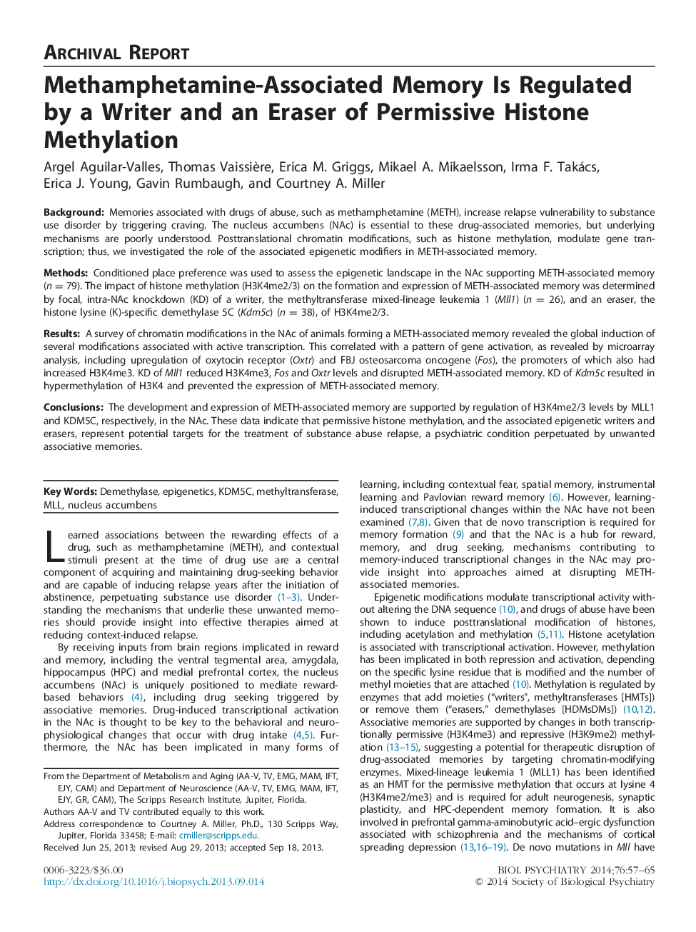 Methamphetamine-Associated Memory Is Regulated by a Writer and an Eraser of Permissive Histone Methylation