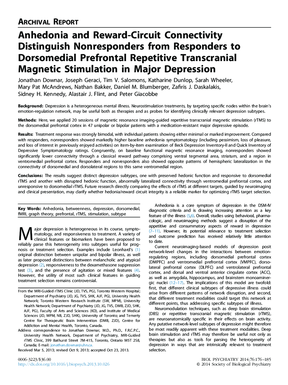 Anhedonia and Reward-Circuit Connectivity Distinguish Nonresponders from Responders to Dorsomedial Prefrontal Repetitive Transcranial Magnetic Stimulation in Major Depression