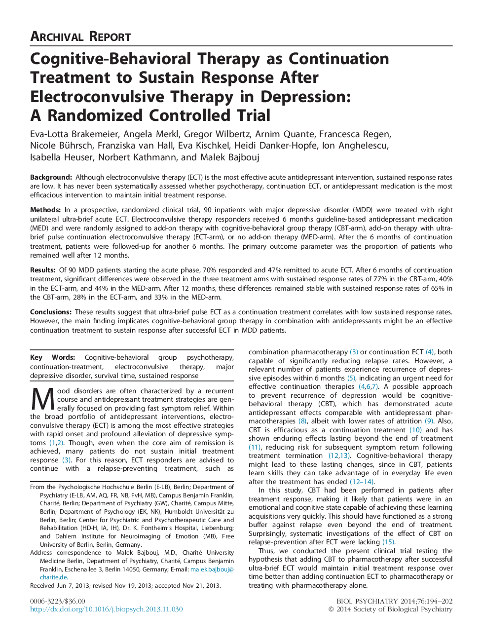 درمان رفتاری شناختی-رفتاری به عنوان درمان مداوم برای پاسخ دادن به پاسخ پس از درمان الکترووکانوسی در افسردگی: یک آزمایش تصادفی کنترل شده 
