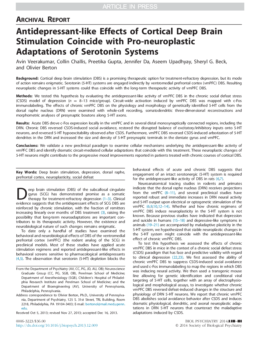 Antidepressant-like Effects of Cortical Deep Brain Stimulation Coincide With Pro-neuroplastic Adaptations of Serotonin Systems